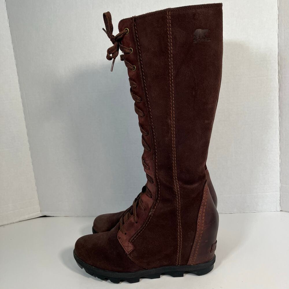 Sorel Joan of Arctic Wedge II Tall Boots Maroon Suede Lace Up Zip Waterproof